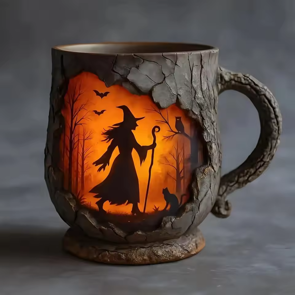 Mug artisanal 3D d'Halloween – Motif sorcière et chat