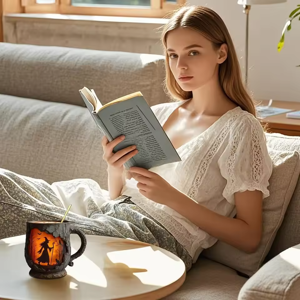 Mug artisanal 3D d'Halloween – Motif sorcière et chat