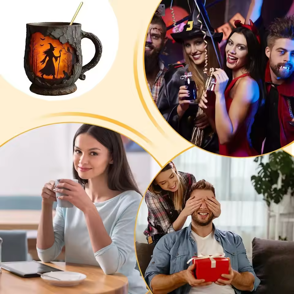 Mug artisanal 3D d'Halloween – Motif sorcière et chat