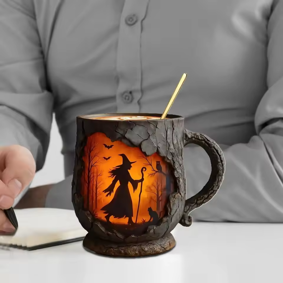 Mug artisanal 3D d'Halloween – Motif sorcière et chat