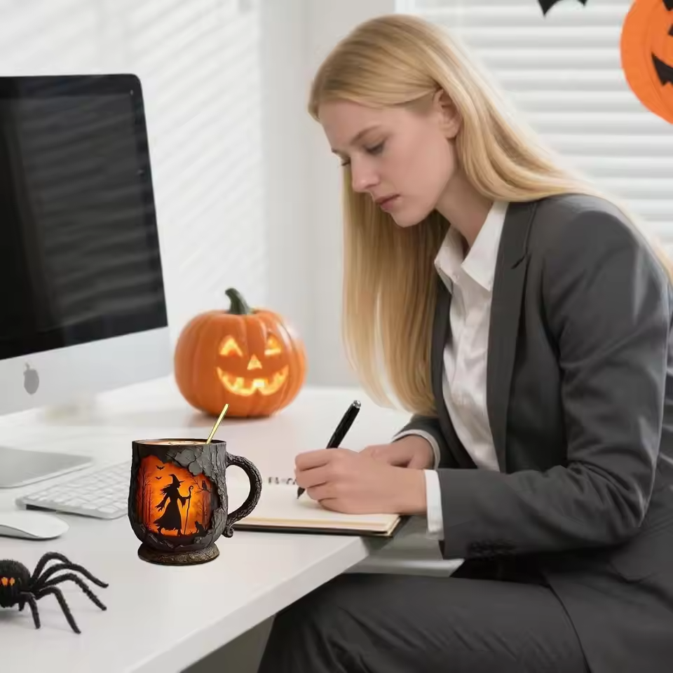 Mug artisanal 3D d'Halloween – Motif sorcière et chat