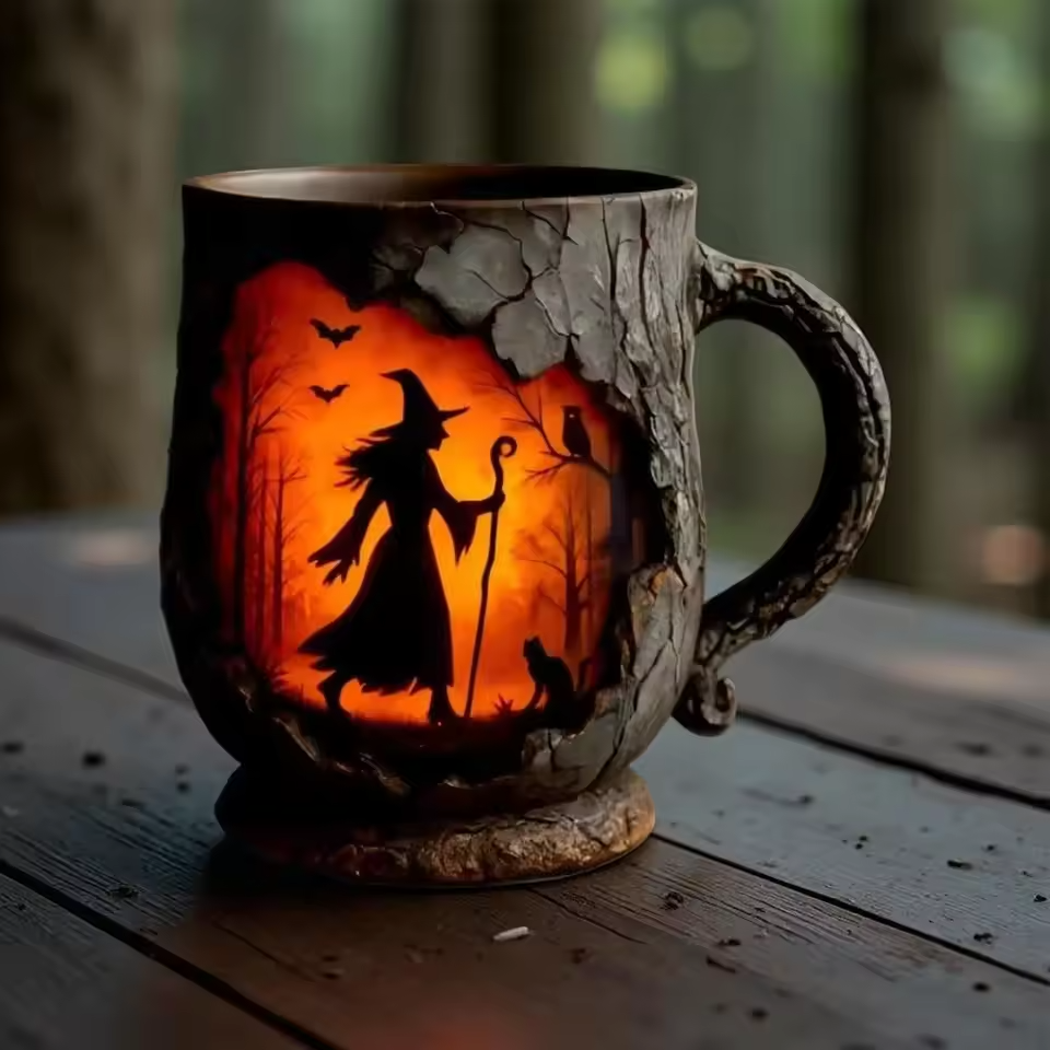 Mug artisanal 3D d'Halloween – Motif sorcière et chat